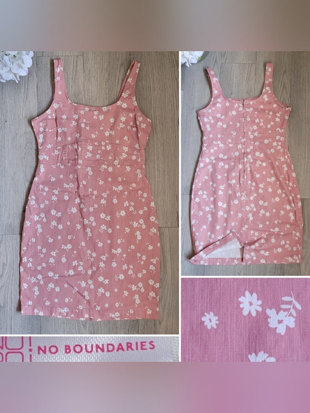 No Boundaries Bodycon Pinafour Denim Mauve Pink & White Floral Mini Dress, Small